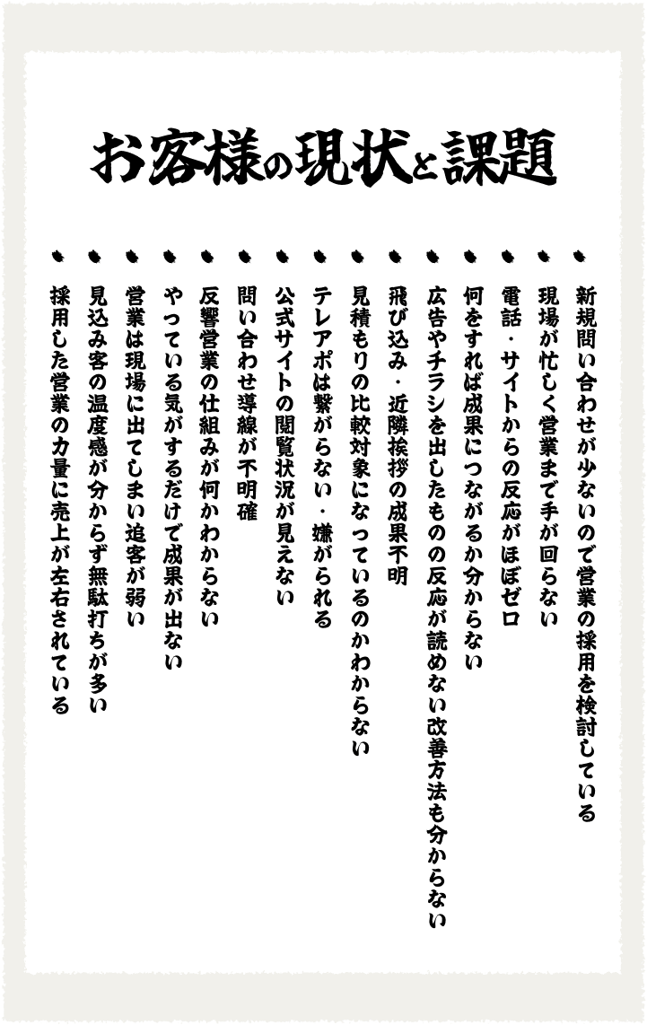 新規問い合わせが少ないので営業の採用を検討している。現場が忙しく営業まで手が回らない。電話・サイトからの反応がほぼゼロ。何をすれば成果につながるか分からない。広告やチラシを出したものの反応が読めない改善方法も分からない飛び込み・近隣挨拶の成果不明。見積もりの比較対象になっているのかわからない。テレアポは繋がらない・嫌がられる。公式サイトの閲覧状況が見えない。問い合わせ導線が不明確。反響営業の仕組みが何かわからない。やっている気がするだけで成果が出ない。営業は現場に出てしまい追客が弱い。お客様の温度感が分からず無駄打ちが多い。採用した営業の力量に売上が左右されている。